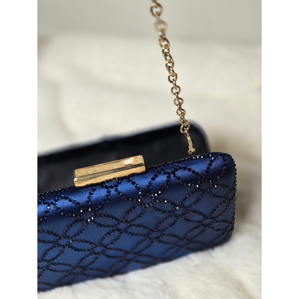 Navy Blue Satin Rhinestone Lattice Evening Clutch Gold Chain Minaudiere Formal